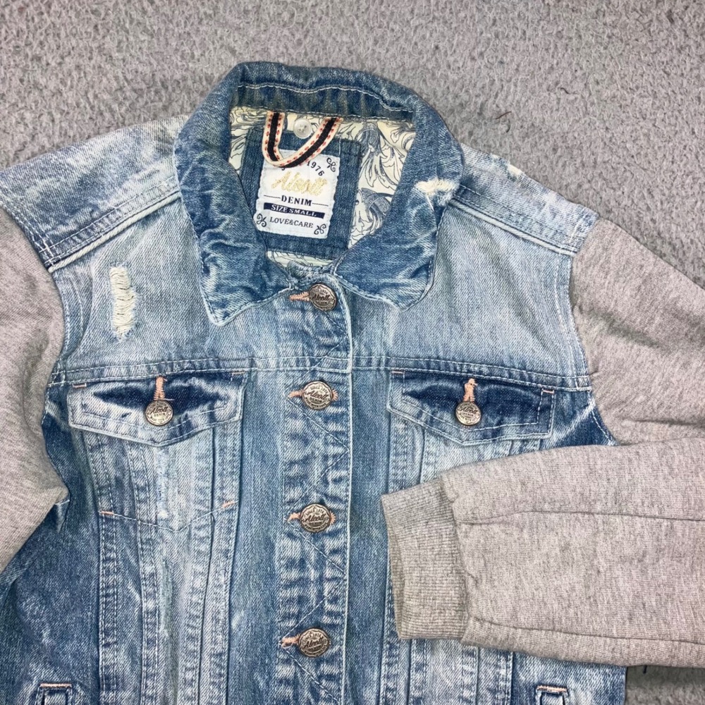 Distressed Hybrid Denim Jacket Womens S Mixed Media Blue Grunge Jersey Sleeve
